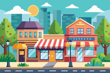 A picturesque urban street showcases a variety of charming shops with colorful facades. The scene is illuminated by bright sunlight and greenery, creating a welcoming atmosphere.