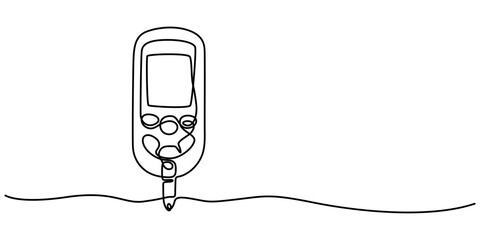 One continuous line drawing of Blood glucose meter test illustration. glucometer pharmacy equipment outline, Continuous single line drawing of a glucometer for monitoring blood sugar. Minimal editable