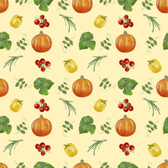 Fall vegetables harvest watercolor seamless pattern isolated on yellow natural. Farm plants template with rustic farm design. Orange pumpkin, bell pepper, and cherry tomatoes with green leaves. 