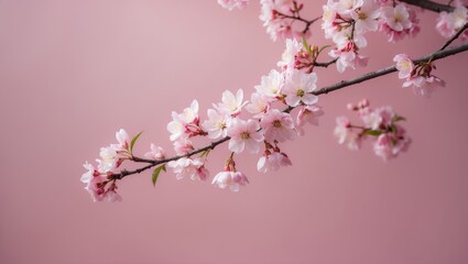 Obraz premium Spring blossoms in bloom isolated on a pink backdrop, close up with copy space, floral tree branch in bloom. Soft pink background with delicate blooms. Concept of springtime.
