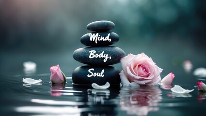 Stones featuring the words Mind, Body, Soul alongside flower petals in water, providing space for text.