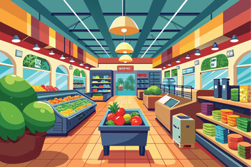 The vibrant grocery store features neatly arranged fruits and vegetables, well-stocked shelves, and a welcoming atmosphere for customers shopping for fresh groceries.