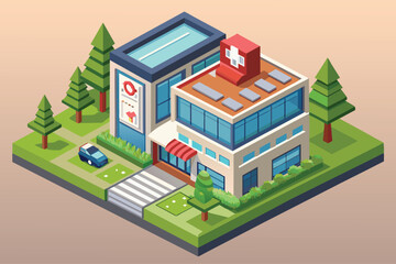 The building features a sleek facade with large windows, a rooftop swimming pool, and landscaped gardens, providing a serene environment for healthcare services.