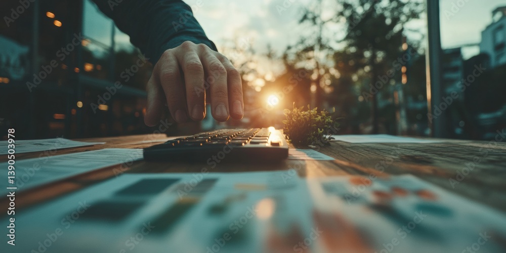 Poster Sunset-Lit Financial Strategy Minimalist Workspace Visualizing Entrepreneurial Focus, Digital Transformation, and Data-Driven Decision Making in Modern Business Environments