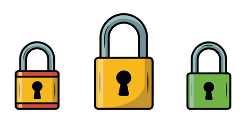 set of locks icon of outline Silhouettes vector, An illustration featuring a black lock silhouette set against a clean white background depicting a classic padlock with detailed shackle and body.
