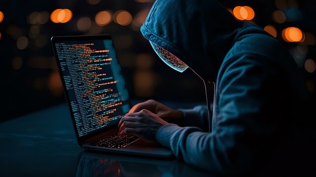Hooded figure typing code on laptop in dark room with orange bokeh lights, representing cybersecurity threat, hacking or cybercrime concept.
