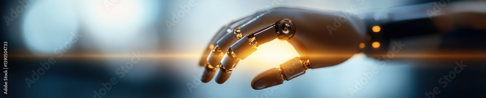 Poster ai-powered precision medicine futuristic robotic prosthetic hand in soft golden light - next-generat