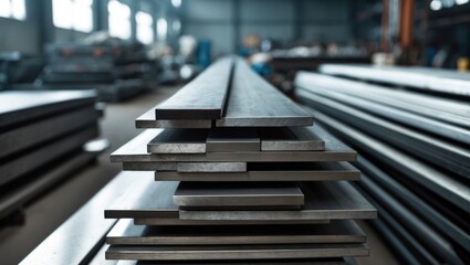 Stack of flat bar made of stainless steel background.