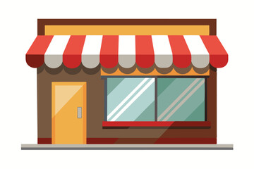 A charming storefront features a bright yellow door and large windows under a classic red and white striped awning in a sunny neighborhood setting.