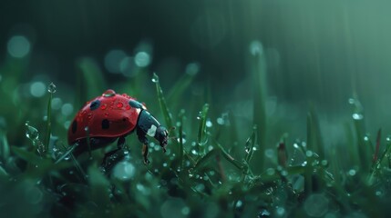 Obraz premium Captivating close-up of a ladybug resting in dew-kissed grass under a soft misty morning light