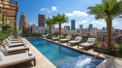 Fototapeta premium Luxurious Rooftop Pool with Modern Lounge Chairs Overlooking a Vibrant Cityscape Under a Clear Blue Sky