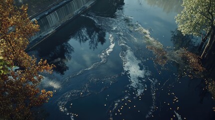 Obraz premium Contaminated water from a large industrial complex seeping into a nearby lake.