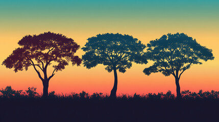 Three trees silhouetted against a vibrant sunset.
