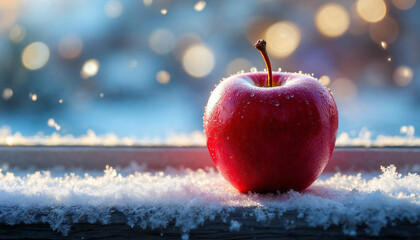 A single, vibrant red apple, frosted with snow, rests on a wooden surface with a bokeh background, evoking a sense of winter tranquility and fresh, crisp air.