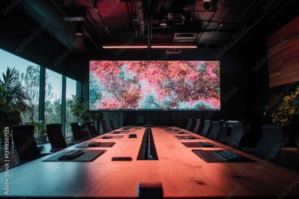 Poster Future-Forward Corporate Innovation Immersive Data Visualization Boardroom with AI-Driven Analytics, Provocative Digital Art, and Next-Gen Strategic Planning Environment