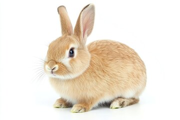 Obraz premium A tan rabbit with long ears sitting on a white background looking at the camera with big eyes