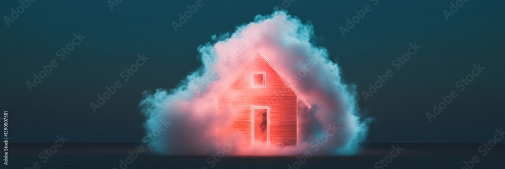 Aufkleber Neon-Infused Smart Home Visualization Ethereal Cloud Computing Concept Illuminating Future Energy Efficiency and Digital Transformation in Sustainable Living Architecture