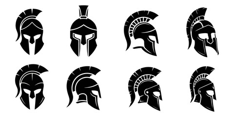 Vector set of Spartan helmets silhouettes isolated on a white background. Roman and Greek warrior helmet designs, Spartan helmet silhouette. Helmet icon. Black helmet. Helmet logo. Vector, Spartan.