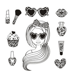 set of isolated  outline girl, leopard accessories,  cosmetic, cupcake