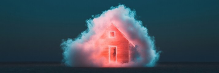 Neon-Infused Smart Home Visualization Ethereal Cloud Computing Concept Illuminating Future Energy Efficiency and Digital Transformation in Sustainable Living Architecture