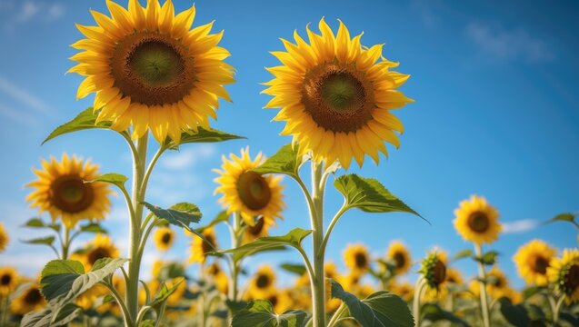 Sunflower seeds. Stunning view of yellow flowers against the clear blue sky, with copy space. Agriculture.