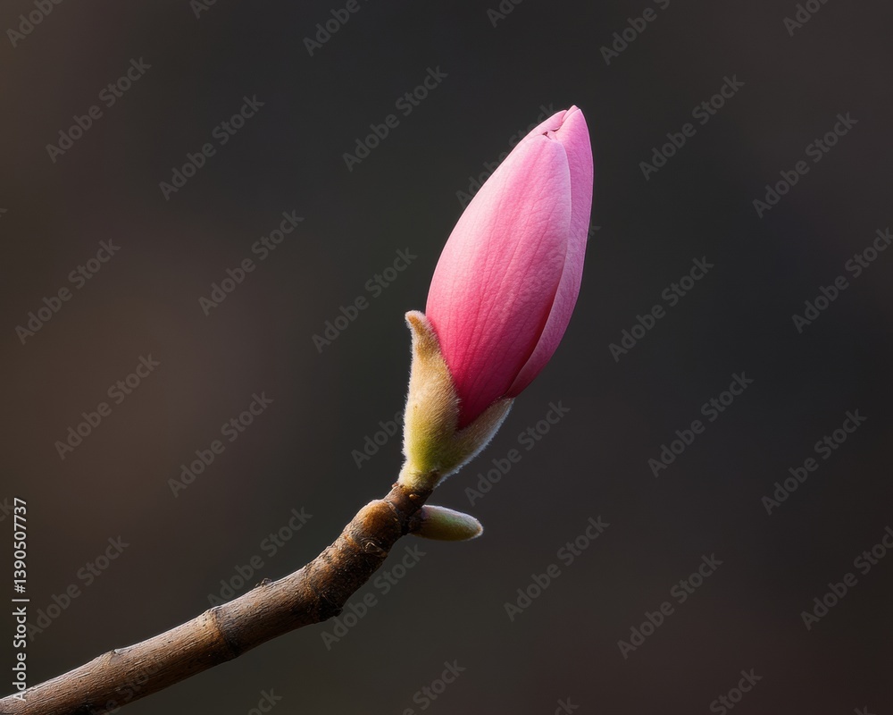 Poster minimalist botanical awakening soft pink magnolia bud emerging on rustic branch - serene nature for 