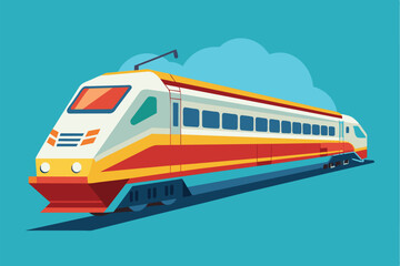 A sleek, modern train in vivid colors moves smoothly along railroad tracks against a bright blue background, capturing the essence of urban transportation.