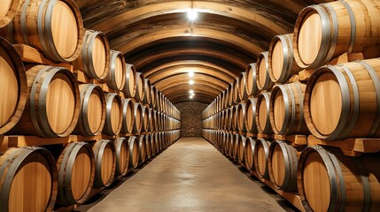 Rows of wooden wine barrels stacked in old cellar with arched ceiling and dramatic lighting creating symmetrical perspective leading to stone wall background.