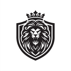 Fototapeta premium Front-Facing Roaring Lion Emblem with Crown and Shield in Monochrome Vector Design