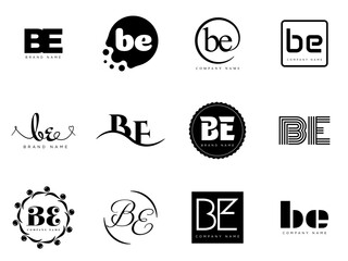 BE logo company template. Letter b and e logotype. Set different classic serif lettering and modern bold text with design elements. Initial font typography.
