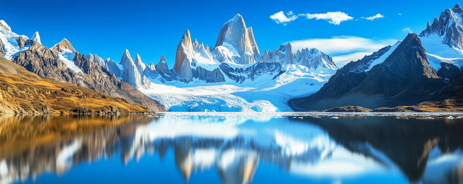 Majestic Patagonia landscape featuring Mount Fitz Roy, crystal-clear glacial lake reflection, snow-covered Andes peaks, and vibrant blue skies in Los Glaciares National Park - Powered by Adobe