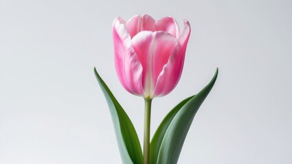 Single pink tulip flower elegantly featured against a white background.