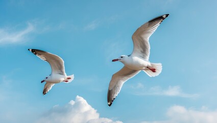 Obraz premium Two seagulls gliding in the blue sky. Seagulls soar high in the clear sky. Birds of prey navigate the unclouded sky. Birds search for insects or fish while flying. Seabirds in motion.