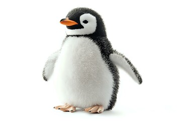 Fototapeta premium Baby emperor penguin chick with fluffy gray and white feathers standing on white background, isolated digital art character for children books and animation projects.