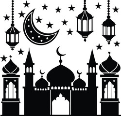 Islamic Festive Black and White Silhouettes Including Mosques and Lanterns