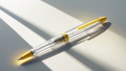 Naklejka premium Clear Ballpoint Pen. Transparent plastic ballpoint pen set against a vibrant background.