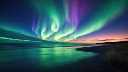 Naklejka premium Breathtaking view of the aurora borealis above a beach. Vivid green, blue, and purple shades light up the night sky, contrasting against the dark horizon.