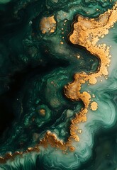 Obraz premium Abstract fluid art in deep emerald green and metallic gold tones creates luxurious marble effect with swirling patterns and organic flowing shapes.