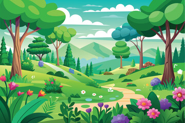 This serene landscape features rolling hills adorned with vibrant flowers and tall trees, creating a peaceful atmosphere set against a backdrop of distant mountains.