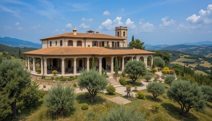Obraz premium Estate building with Tuscan architectural style. Panoramic view over rolling hills and farmland. Classic European architecture.