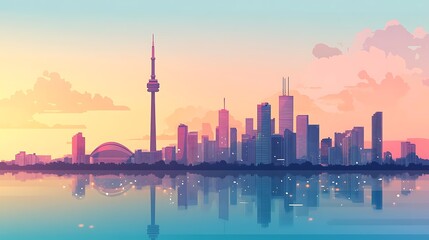 Toronto skyline at sunset, reflected in water. (1)