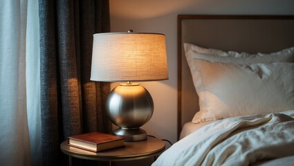 Stylish lamp and book on nightstand beside bed indoors