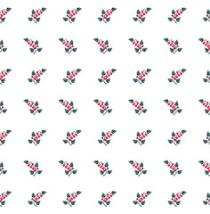 Seamless repeating floral pattern with red berries, buds and dark green leaves on a branch on a white background. Beautiful fabric print in folk style.