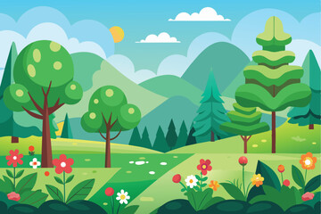 Obraz premium This delightful landscape showcases green trees and vibrant flowers set against rolling hills, all brightened by a cheerful sun in a clear blue sky.