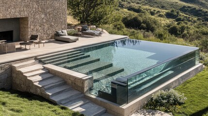 Modern infinity pool with glass edge overlooking lush hillside landscape in tranquil setting during bright sunny day