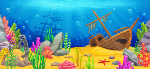 Underwater sea landscape with sunken pirate ships, algae seaweeds and fish shoal silhouettes, game level scene. Cartoon vector ocean bottom background with colorful coral reefs, and tropical plants © Vector Tradition