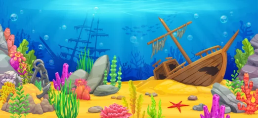 Papier peint photo Pirates Underwater sea landscape with sunken pirate ships, algae seaweeds and fish shoal silhouettes, game level scene. Cartoon vector ocean bottom background with colorful coral reefs, and tropical plants  © Vector Tradition