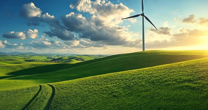 Green energy wind turbine in a field at sunset, promoting sustainability.