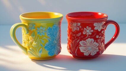 Two vibrant mugs set against a white background.