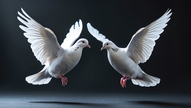 Two white doves soaring against a black backdrop.